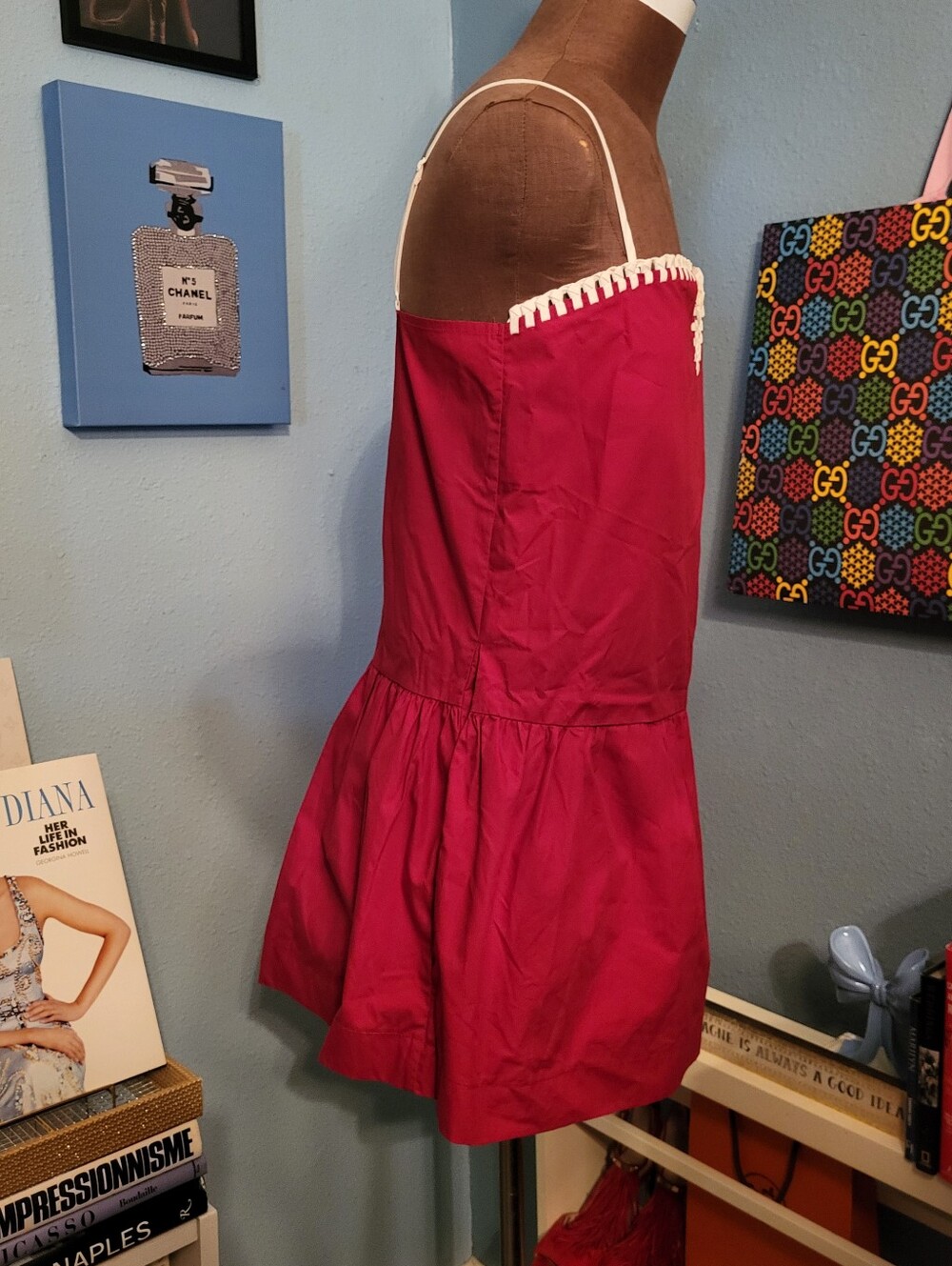 Day+Moon Simone Contrast Stitch Drop Waist Dress in Crimson - Picture 5 of 11